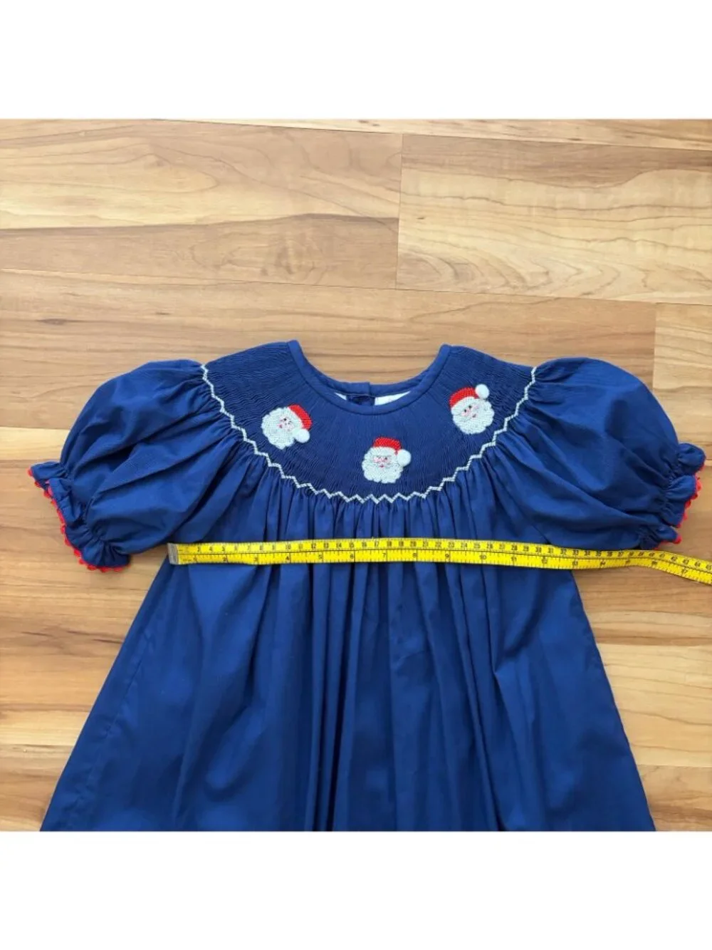 The Smocking Place Girls Size 4 Blue Santa Pleated Embroidered Holiday Dress